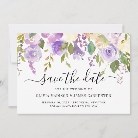 Elegante klassieke stoffige Paarse violette bloeme Save The Date (Voorkant)