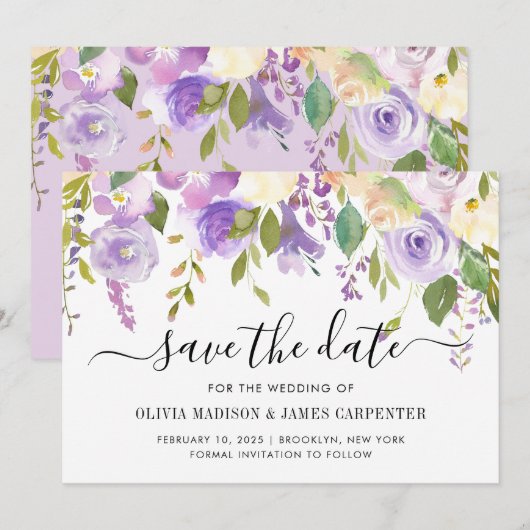 Elegante klassieke stoffige Paarse violette bloeme Save The Date (Voorkant / Achterkant)