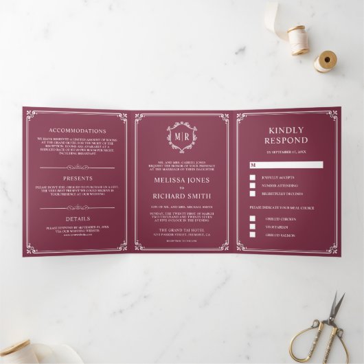 Elegante klassieke stoffige roze monogram bruiloft drieluik uitnodiging (Binnen)