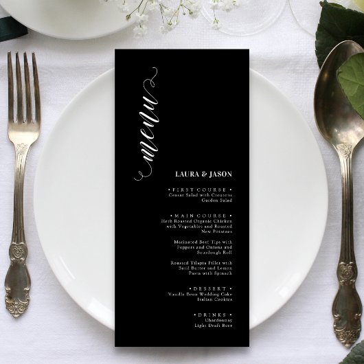 Elegante Klassieke Trouwmenu Kaarten in Zwart en W