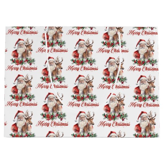 Elegante klassieke waterverf Santa rendier holly Groot Cadeauzakje (Voorkant)