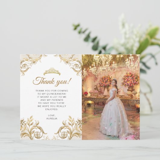 Elegante klassieke witgouden foto Quinceañera Bedankkaart (Staand voorkant)