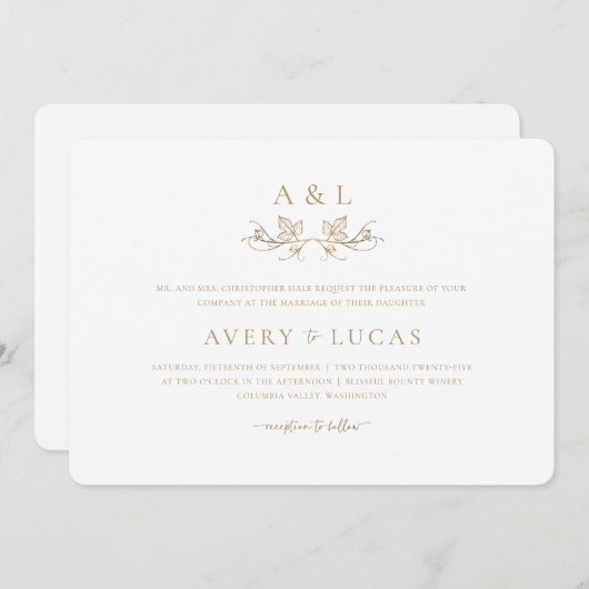 Elegante klassieke witte en gouden bruiloft kaart (Voorkant / Achterkant)