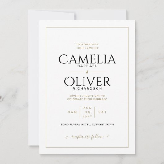 Elegante Klassieke Witte Goud MONOCHROME Trouw Inv Kaart (Voorkant)