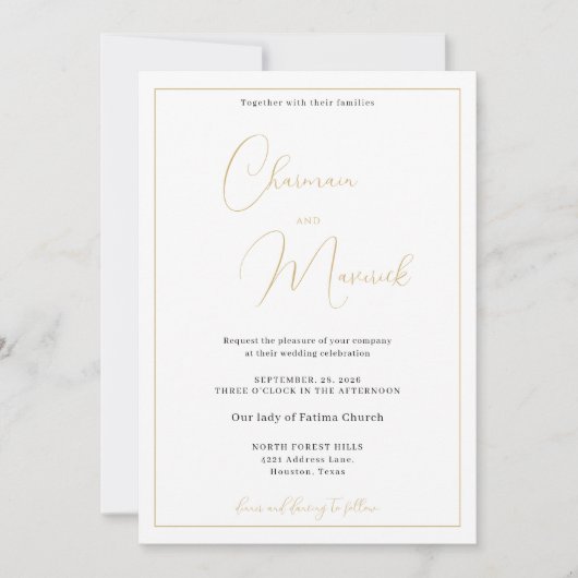 Elegante klassieke witte gouden bruiloft uitnodigi kaart (Voorkant)