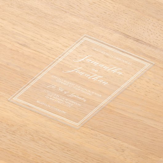 Elegante klassieke witte kalligrafie script bruilo acryl uitnodigingen (Laagn)