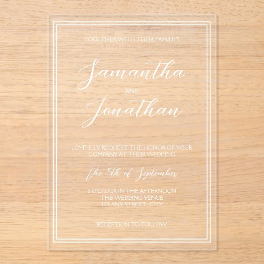 Elegante klassieke witte kalligrafie script bruilo acryl uitnodigingen (Voorkant)