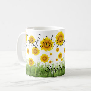 Elegante klassieke zonnebloem typografie koffiemok