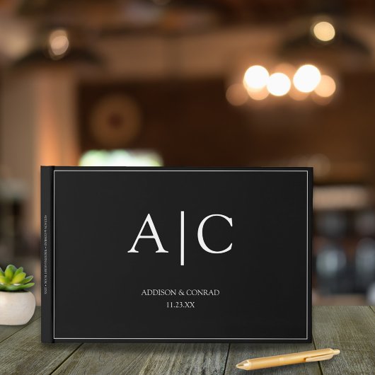 Elegante klassieke zwart monogram bruiloft gastenboek
