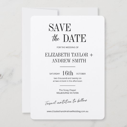 Elegante klassieke zwart-wit bruiloft save the dat date (Voorkant)