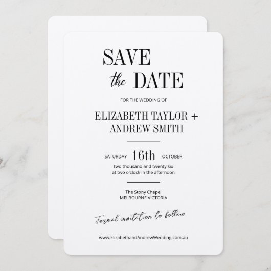 Elegante klassieke zwart-wit bruiloft save the dat save the date (Voorkant / Achterkant)