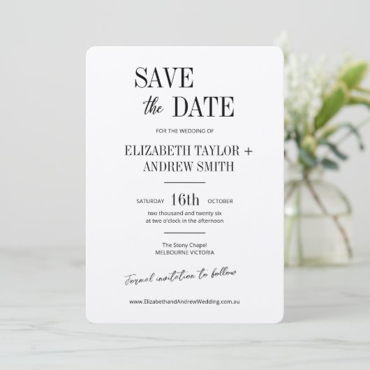 Elegante klassieke zwart-wit bruiloft save the dat save the date (Staand voorkant)