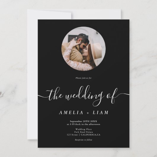 Elegante klassieke zwart-wit foto script huwelijks kaart (Voorkant)