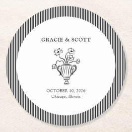 Elegante Klassieke Zwart-Wit Hand Getrokken Huweli Ronde Kartonnen Onderzetter