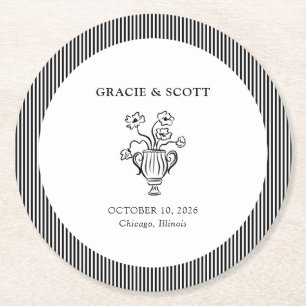 Elegante Klassieke Zwart-Wit Hand Getrokken Huweli Ronde Kartonnen Onderzetter