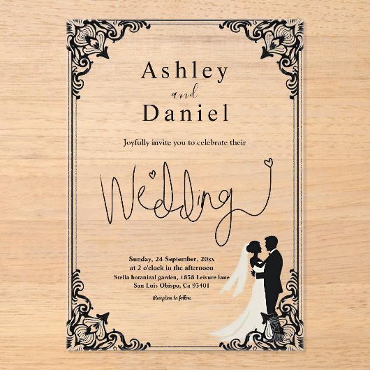 Elegante klassieke zwart-wit paar bruiloft acryl uitnodigingen (Voorkant)