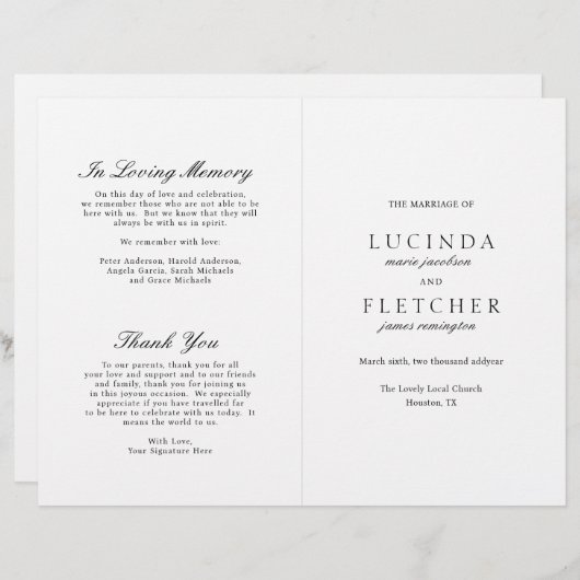 Elegante klassieke zwarte witte formele trouwprogr (Voorkant / Achterkant)