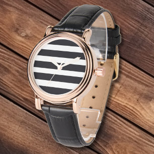 Elegante klassieke zwarte witte strepen leer & gou horloge