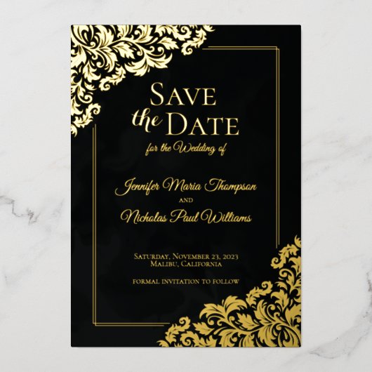 Elegante klassieker met bloemornamenten voor trouw folie uitnodiging (Voorkant)