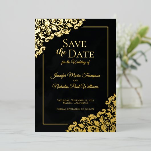 Elegante klassieker met bloemornamenten voor trouw folie uitnodiging (Staand Voorkant)