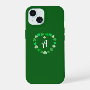 Elegante klaveren en harten krans groene initiaal iPhone 15 case