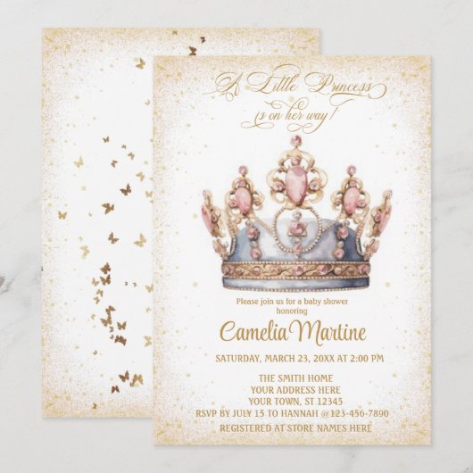 Elegante kleine prinses roze en gouden baby shower kaart (Voorkant / Achterkant)