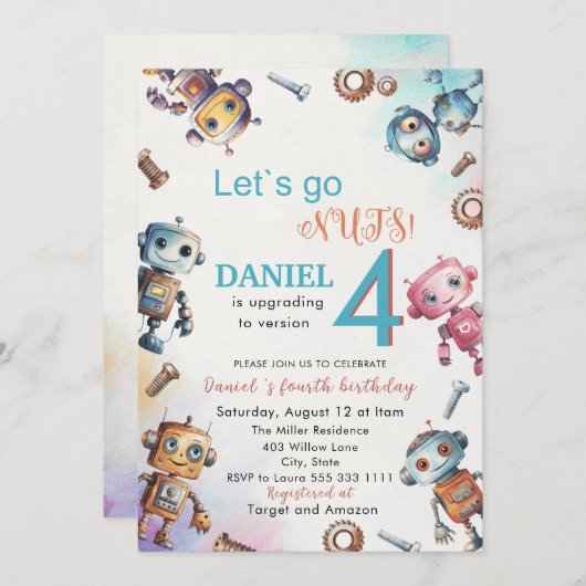 Elegante kleine robot Waterverf Baby Verjaardagspa Kaart (Voorkant / Achterkant)