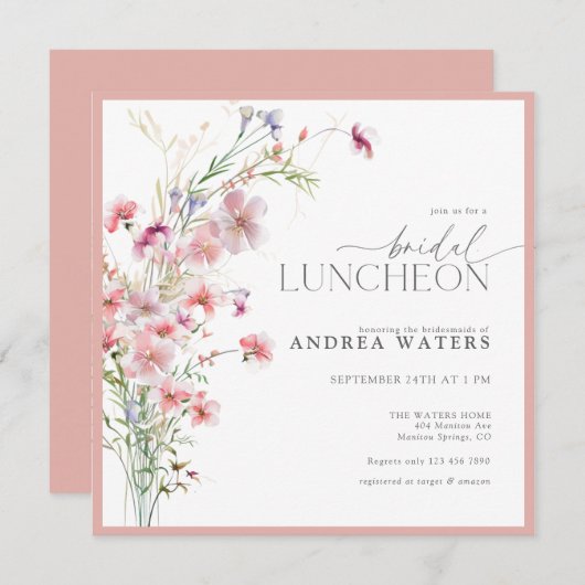 Elegante kleine roze bloemen bruids lunch kaart (Voorkant / Achterkant)