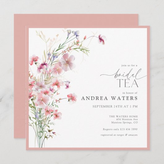 Elegante kleine roze bloemen bruids thee kaart (Voorkant / Achterkant)