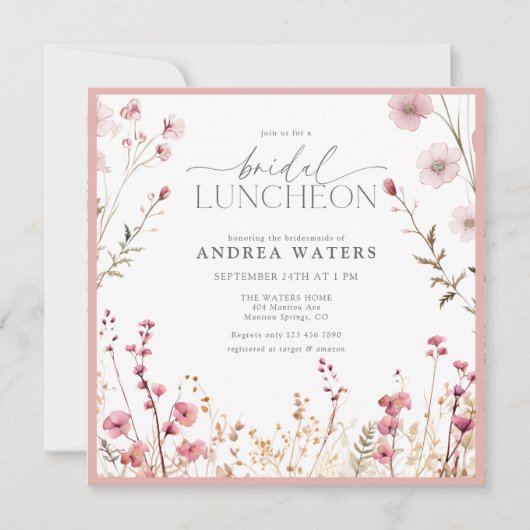 Elegante kleine roze bloemen bruiloftslunch kaart (Voorkant)