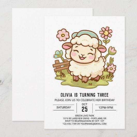 Elegante kleine schapen digitale verjaardag kaart (Voorkant / Achterkant)