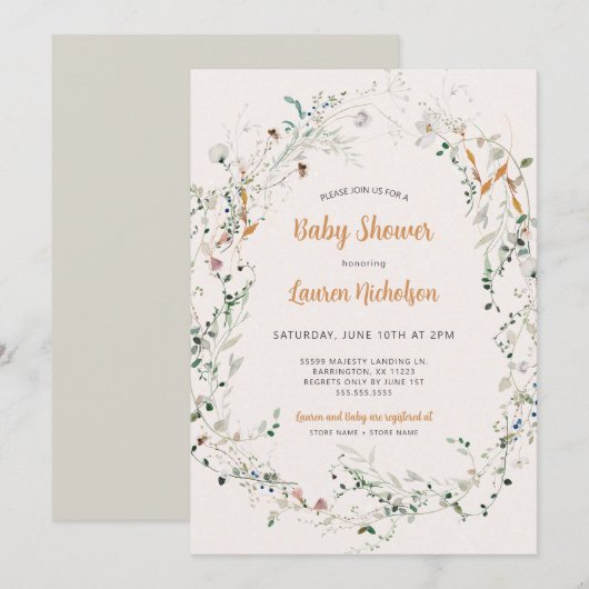 Elegante kleine wildbloem baby shower kaart (Voorkant / Achterkant)