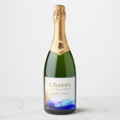 Elegante kleurrijke blauw Sinaasappel bruiloft Sparkling Wijnetiket (Voorkant)