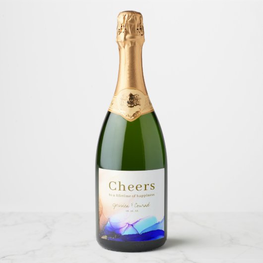 Elegante kleurrijke blauw Sinaasappel bruiloft Sparkling Wijnetiket (Voorkant)