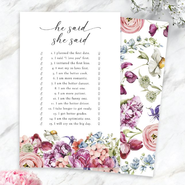 Elegante kleurrijke bloem zei hij dat ze spel zei (Elegant Colorful Jewel Tone Floral He Said She Said Game by Painted Paperie
)