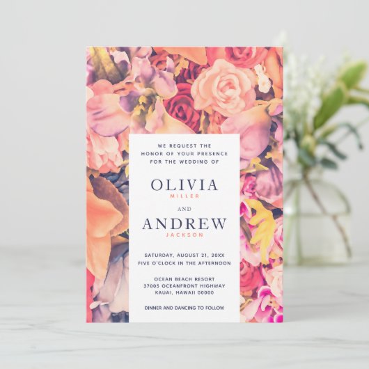 Elegante Kleurrijke Bloemen Achtergrond Bruiloft Kaart (Staand voorkant)