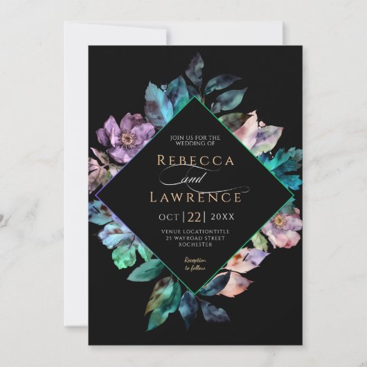 Elegante kleurrijke bloemen zwarte bruiloft kaart (Voorkant)