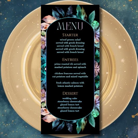 Elegante kleurrijke bloemen zwarte bruiloft menu