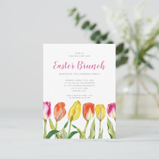 Elegante kleurrijke bloementulp Paasbrunch Uitnodiging Briefkaart (Staand voorkant)