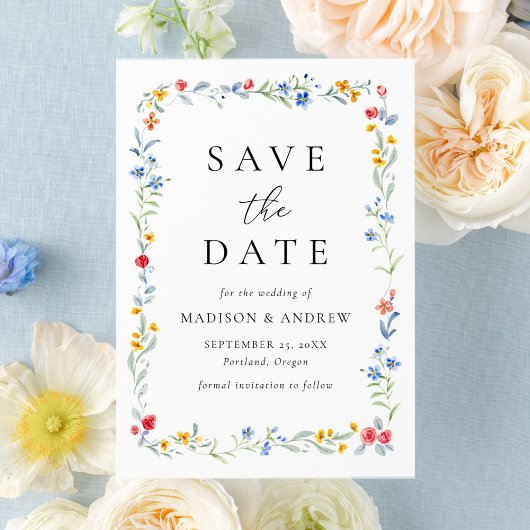 Elegante Kleurrijke Bloemenweide Bruiloft Save The Date