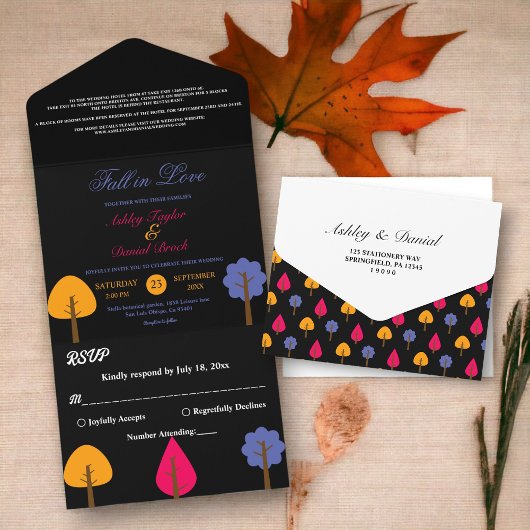 Elegante Kleurrijke Bomen Rustieke Zwarte Herfst B All In One Uitnodiging