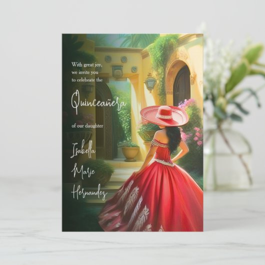 Elegante kleurrijke Charro rode jurk Quinceañera Kaart (Staand voorkant)