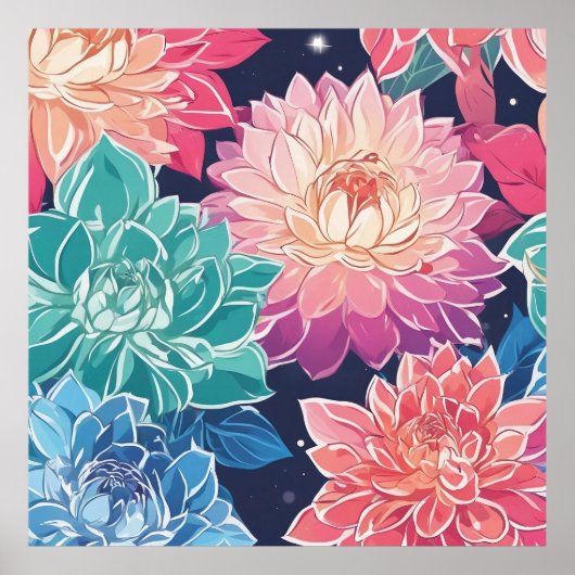 Elegante kleurrijke Dahlia bloemen op donkere acht Poster (Voorkant)