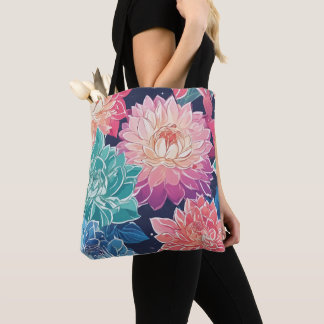 Elegante kleurrijke Dahlia bloemen op donkere acht Tote Bag