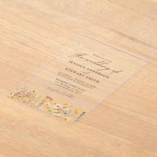 Elegante kleurrijke gele wilde bloemen bruiloft acryl uitnodigingen (Laagn)