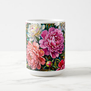 Elegante Kleurrijke Geschilderde Pioen Bloemen Koffiemok