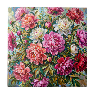 Elegante Kleurrijke Geschilderde Pioen Bloemen Tegeltje