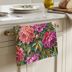 Elegante Kleurrijke Geschilderde Pioen Bloemen Theedoek