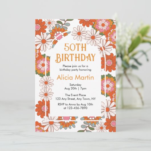 Elegante Kleurrijke Groovy Bloem & Blad Verjaardag Kaart (Staand voorkant)