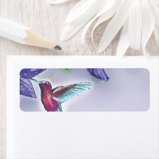 elegante kleurrijke kolibrie en paarse bloemen etiket (Insitu)